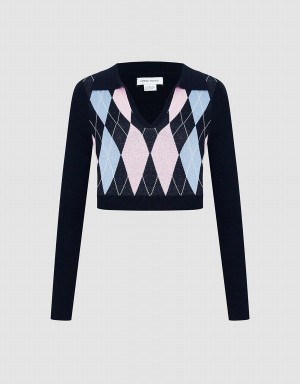 Urban Revivo Argyle Crop Checkered Kadın Kazak Mavi | AKL3617JW