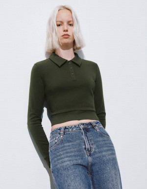 Urban Revivo Button Half Placket Cropped Örme Kadın Tişört Yeşil | QXF5534DO