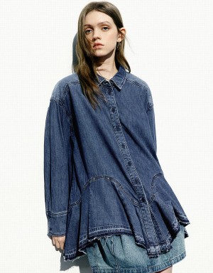 Urban Revivo Button Up Loose Denim Kadın Gömlek Mavi | RHH9487CR