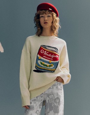 Urban Revivo Can Embroidered Crew Neck Örme Kadın Hırka Beyaz | DMC34WW