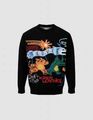 Urban Revivo Cartoon Embroidered Crew Neck Erkek Kazak Siyah | WBB6920NU