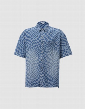 Urban Revivo Checkered Denim Erkek Gömlek Mavi | TXI9894UR