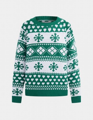 Urban Revivo Christmas Snowflake Crew Neck Holiday Kadın Kazak Koyu Yeşil | RSS630RJ