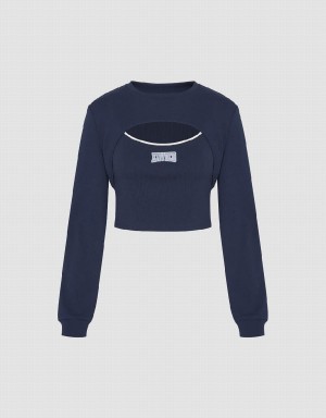 Urban Revivo Cut-Out Crew Neck Örme Kadın Tişört Mavi | QAV6799WI