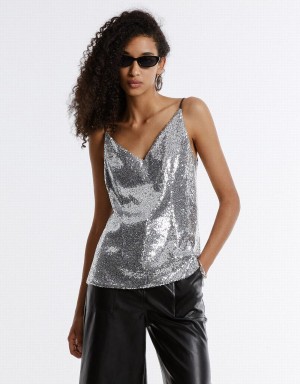 Urban Revivo Cut Out Back Sequin Camisole Kadın Atlet Gümüş | SSP950XJ