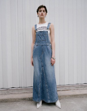 Urban Revivo Denim Pinafore Kadın Elbise Mavi | KOQ6380ZR