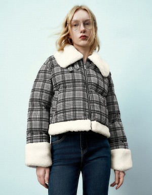 Urban Revivo Fermuarlı Front Plaid Furry Yastıklı Kadın Kaban Gri | IFH6828VN