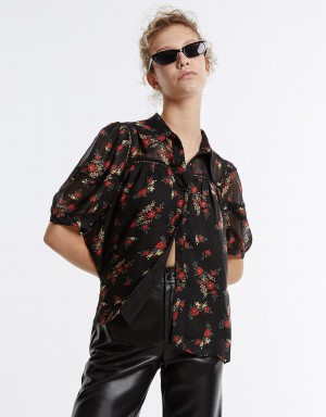 Urban Revivo Floral Button Up Kadın Gömlek Siyah Kırmızı | UTC7184BP