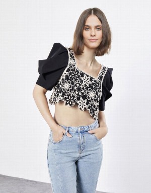 Urban Revivo Floral Crochet Puff Sleeve Top Kadın Hırka Gri | GMU355UK