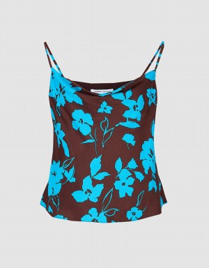 Urban Revivo Floral Print Cowl Neck Cami Kadın Atlet Mavi | LYJ5154TR