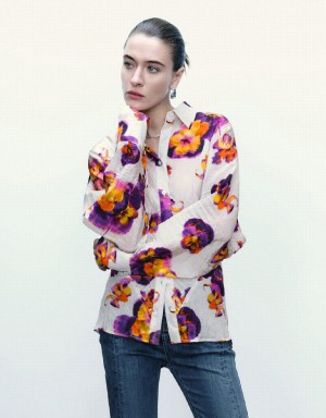 Urban Revivo Flower Printed Button Up Kadın Gömlek Mor | OVV3579LK