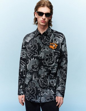 Urban Revivo Graffiti Printed Button Up Loose Erkek Gömlek Siyah | KVI6484YN