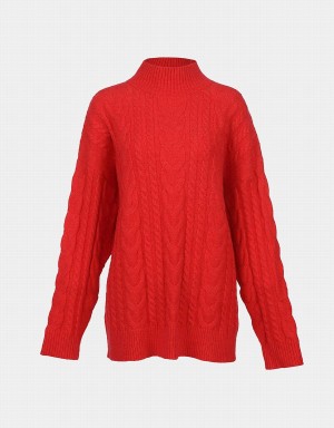 Urban Revivo High Neck Cable Knit Holiday Kadın Kazak Kırmızı | GUN2398SN