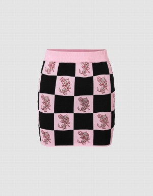 Urban Revivo Hot Stuff Checkered Örme Kadın Etek Pembe | PCX5931AX