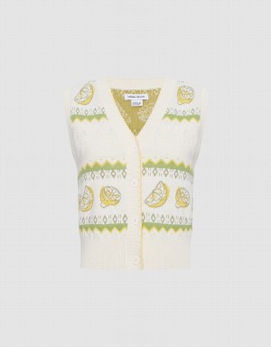 Urban Revivo Lemon Print Button Front Örme Kadın Atlet Beyaz | NRG6699PI