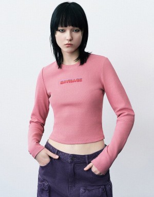 Urban Revivo Letter Embossed Crew Neck Örme Kadın Tişört Pembe | TBS148HR