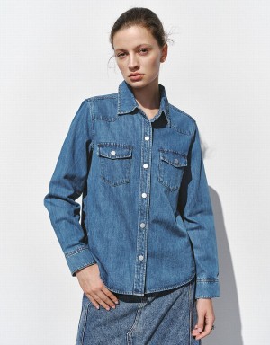 Urban Revivo Loose Denim With Pressed Buttons Kadın Gömlek Mavi | URA6065JL