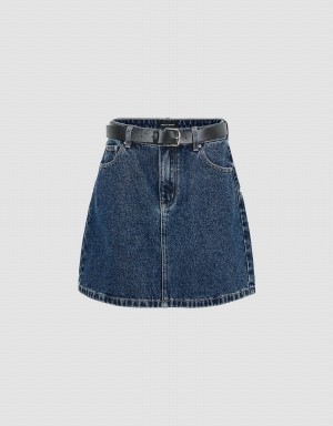 Urban Revivo Mini A-Line Denim With Belt Kadın Etek Mavi | SZY6934QS