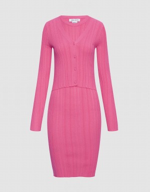 Urban Revivo Nervürlü Knit Slinky Bodycon Kadın Elbise Pembe | UXW9519YQ