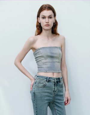 Urban Revivo Off-Shoulder Denim Tube Top Kadın Gömlek Mavi | ZFE8383ZV