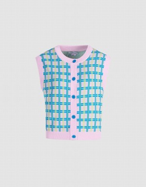 Urban Revivo Plaid Örme Checkered Kadın Atlet Mavi | KHN2984GN