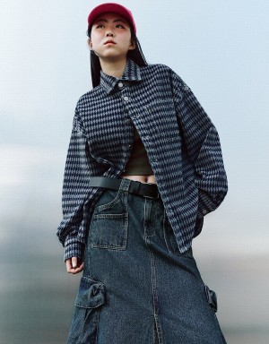 Urban Revivo Press Buttoned Checkered Denim Kadın Gömlek Mavi | ZWO9754WI