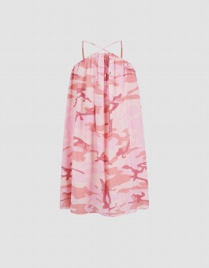 Urban Revivo Printed Kolsuz V-Neck A-Line Kadın Elbise Pembe Beyaz | UBI6823XC