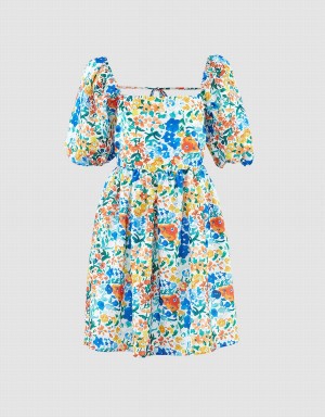 Urban Revivo Puff Sleeve Floral Print Kadın Elbise Mavi | YFZ9287FE