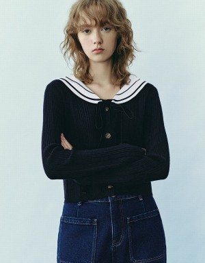 Urban Revivo Sailor Collar Neck Örme Kadın Hırka Mavi | ROA3796VN