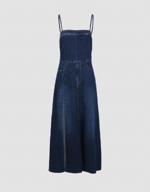 Urban Revivo Split Hem Off-Shoulder Denim Cami Kadın Elbise Mavi | RQY679BE