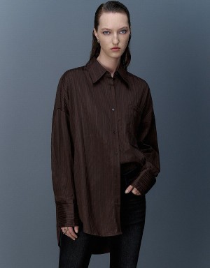 Urban Revivo Textured Button Up Oversized Kadın Gömlek Koyu Kahverengi | KOZ1970DF