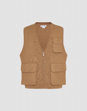 Urban Revivo V-Neck Örme Waistcoat Erkek Kaban Haki Kahverengi | TBS1002KJ