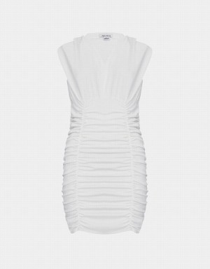 Urban Revivo V Neck Ruched Kolsuz Bodycon Kadın Elbise Beyaz | KKD3410YY