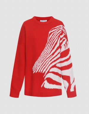 Urban Revivo Zebra Çizgili Crew Neck Kadın Kazak Kırmızı | ABW5239YW