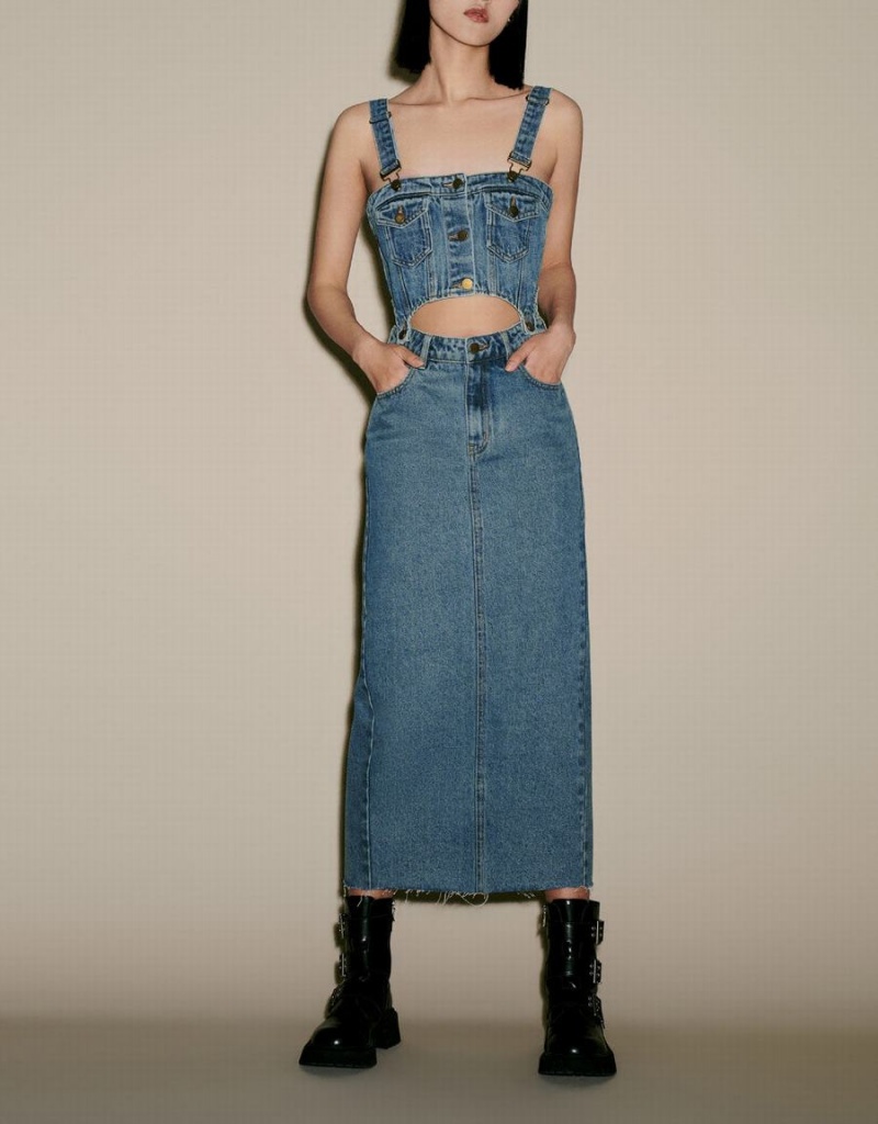 Urban Revivo 2 In 1 Denim Pinafore Kadın Elbise Mavi | SDX127KK