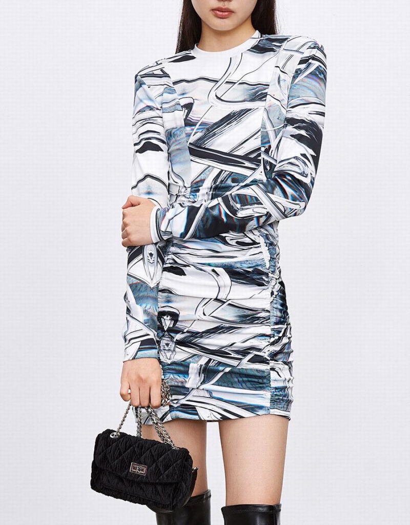 Urban Revivo Abstract Print Ruched Front Bodycon Kadın Elbise Gri | ITV5427WV