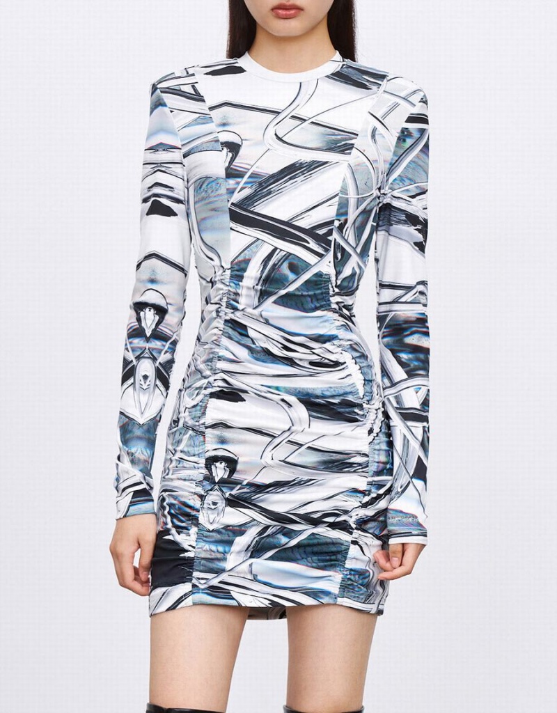 Urban Revivo Abstract Print Ruched Front Bodycon Kadın Elbise Gri | ITV5427WV