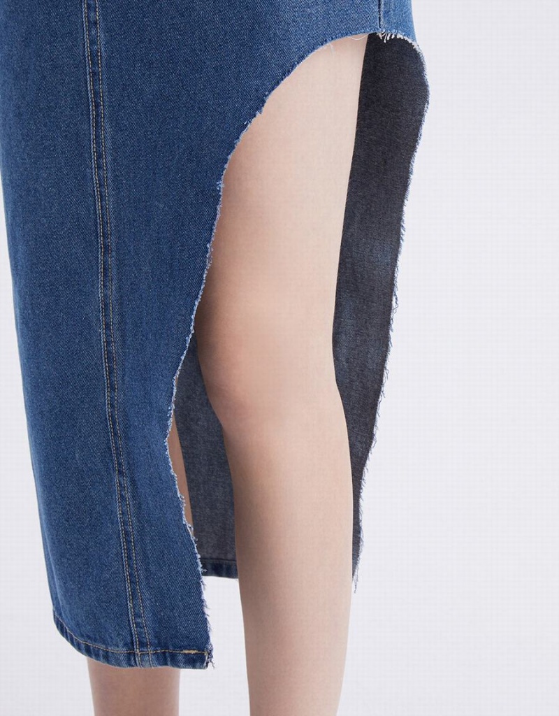 Urban Revivo Asymmetrical Hem Denim Kadın Elbise Mavi | ZQN10075MK