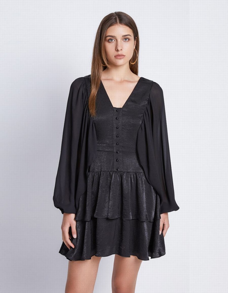 Urban Revivo Batwing Button Front Tiered Ruffle Hem Kadın Elbise Siyah | BYJ3093TJ