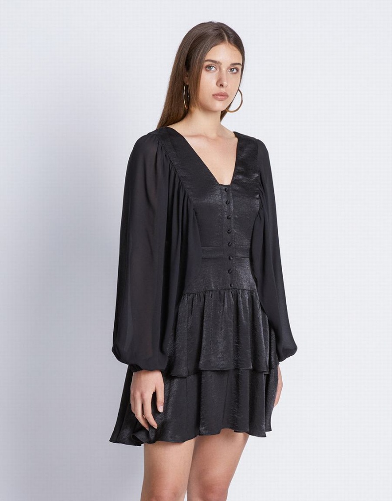 Urban Revivo Batwing Button Front Tiered Ruffle Hem Kadın Elbise Siyah | BYJ3093TJ