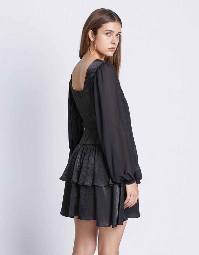 Urban Revivo Batwing Button Front Tiered Ruffle Hem Kadın Elbise Siyah | BYJ3093TJ