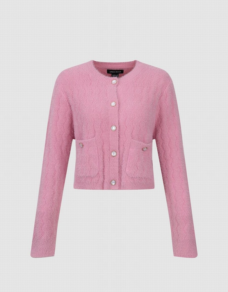 Urban Revivo Button Up Crew Neck Örme Kadın Hırka Pembe | PGT3649IJ