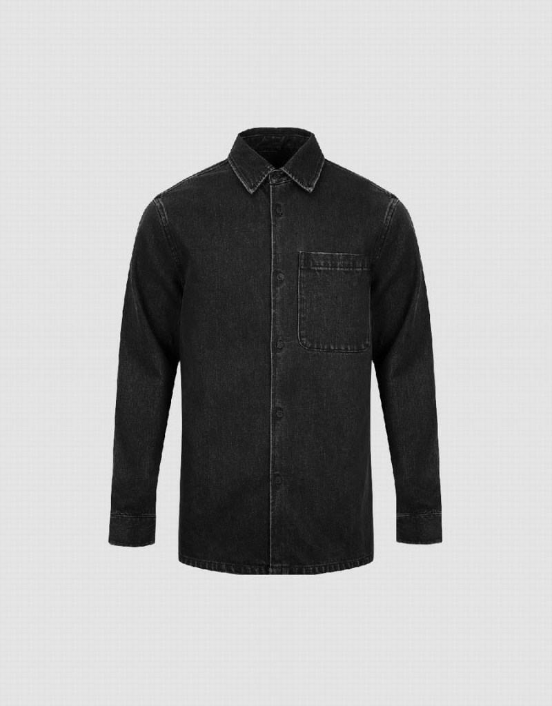 Urban Revivo Button Up Denim Erkek Gömlek Koyu Gri | QDB10077OF