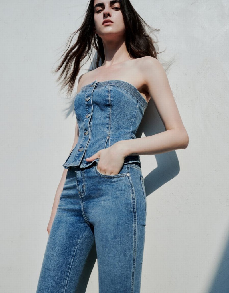 Urban Revivo Button Up Denim Tube Top Kadın Bluz Mavi | AFM4847JH