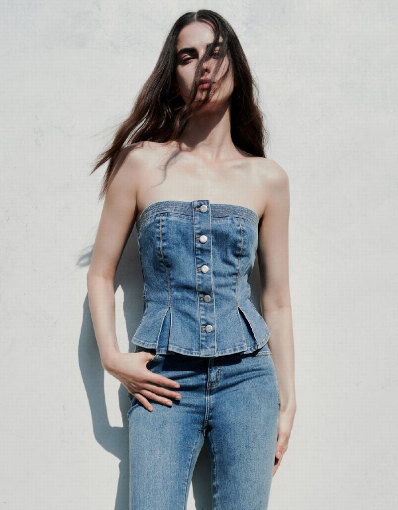 Urban Revivo Button Up Denim Tube Top Kadın Bluz Mavi | AFM4847JH