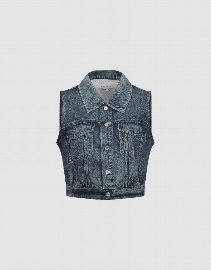 Urban Revivo Button Up Denim Waistcoat Kadın Gömlek Mavi | MUQ4635HY