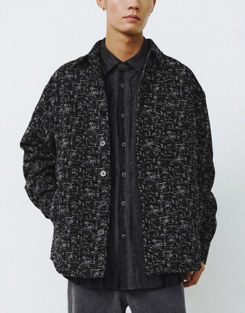 Urban Revivo Button Up Printed Erkek Mont Siyah | NCO7726DF