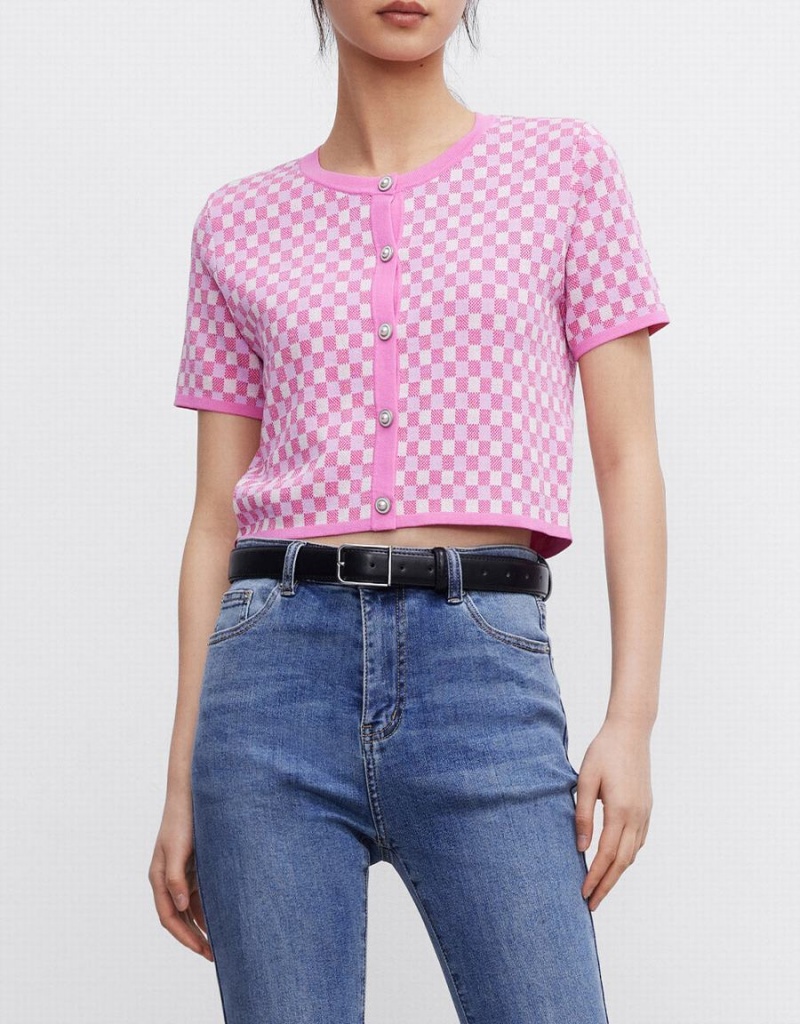 Urban Revivo Checkered Faux Pearl Button Örme Top Kadın Hırka Kırmızı | QAU7991MF