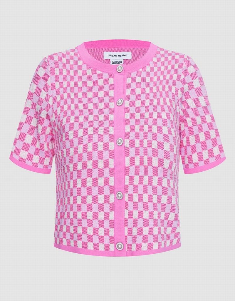 Urban Revivo Checkered Faux Pearl Button Örme Top Kadın Hırka Kırmızı | QAU7991MF