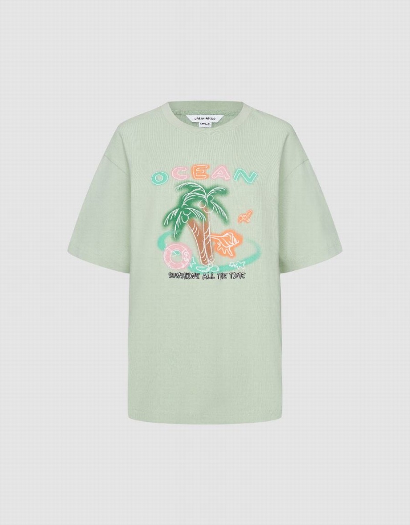 Urban Revivo Coconut Tree Printed Crew Neck Kadın Tişört Yeşil | TFK3460AB